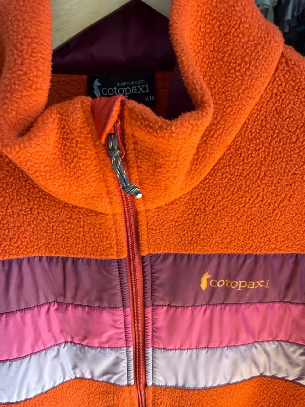 cotopaxi Orange Fleece Jacket with Purple and Pink Stripe Panels - Picture 2 of 3